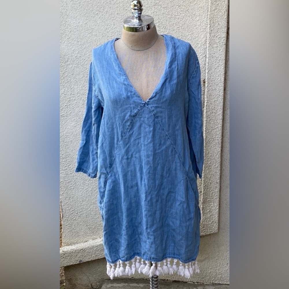 Rails linen blended blue dress w/great pockets and bottom tassels from Neiman’s - Picture 3 of 14